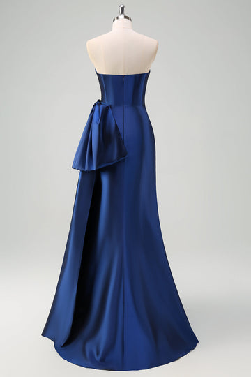 Dark Blue Strapless Pleated Long Formal Dress with Bow
