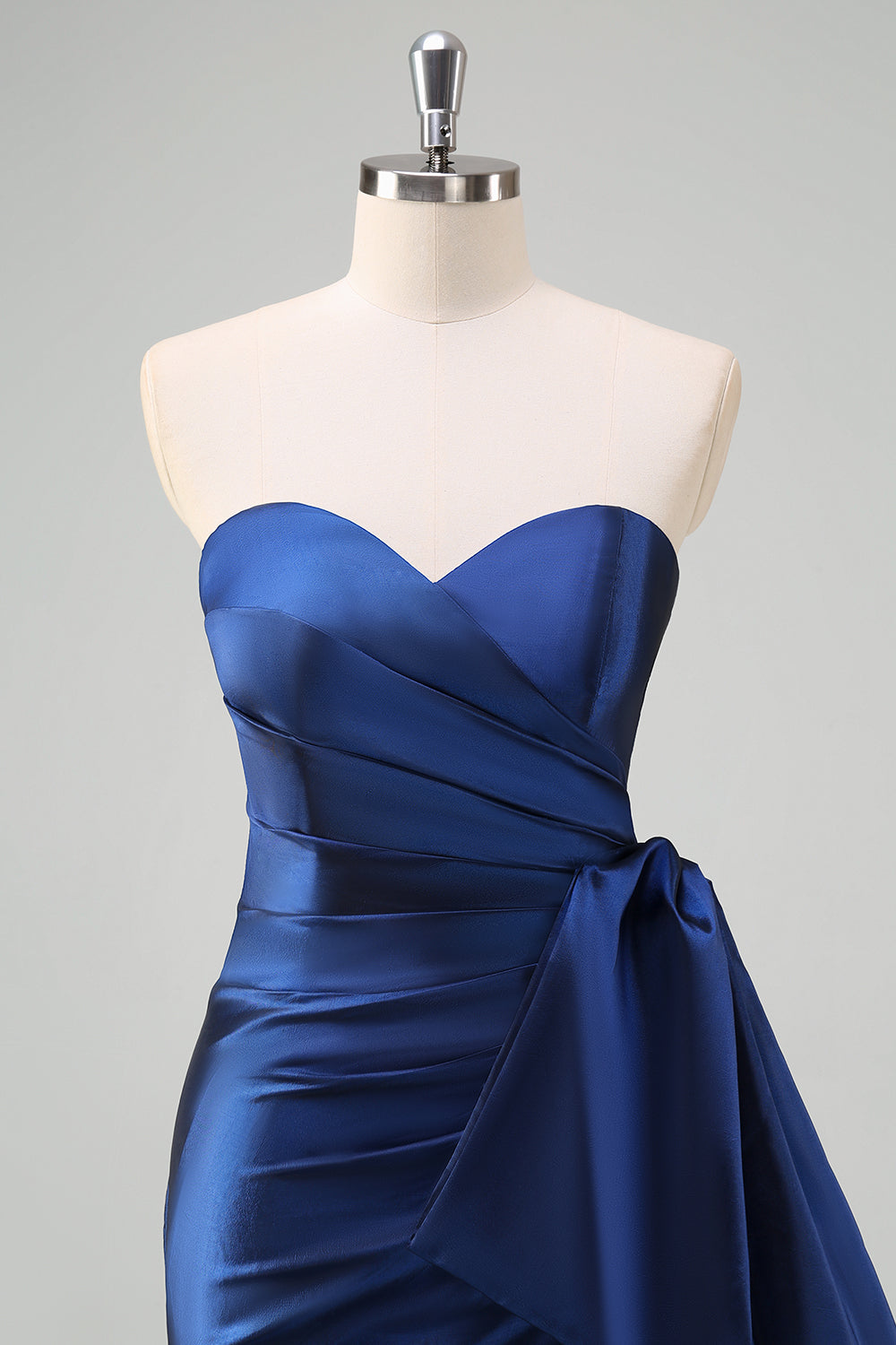 Dark Blue Strapless Pleated Long Formal Dress with Bow