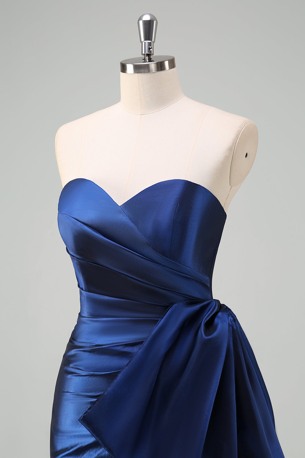 Dark Blue Strapless Pleated Long Formal Dress with Bow
