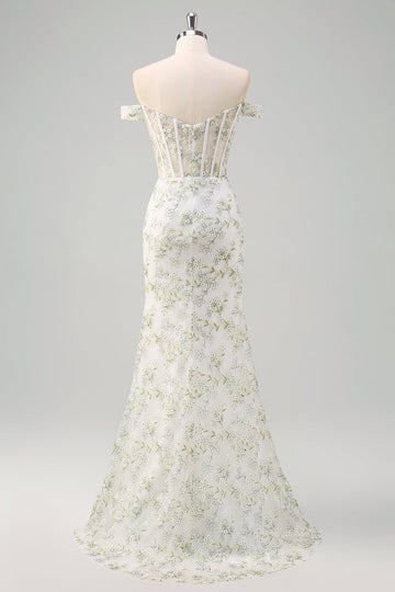 Light Green Mermaid Off the Shoulder Corset Long Formal Dress with Embroidery