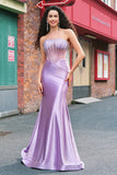 Purple Beaded Mermaid Corset Strapless Long Formal Dress