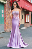 Purple Beaded Mermaid Corset Strapless Long Formal Dress