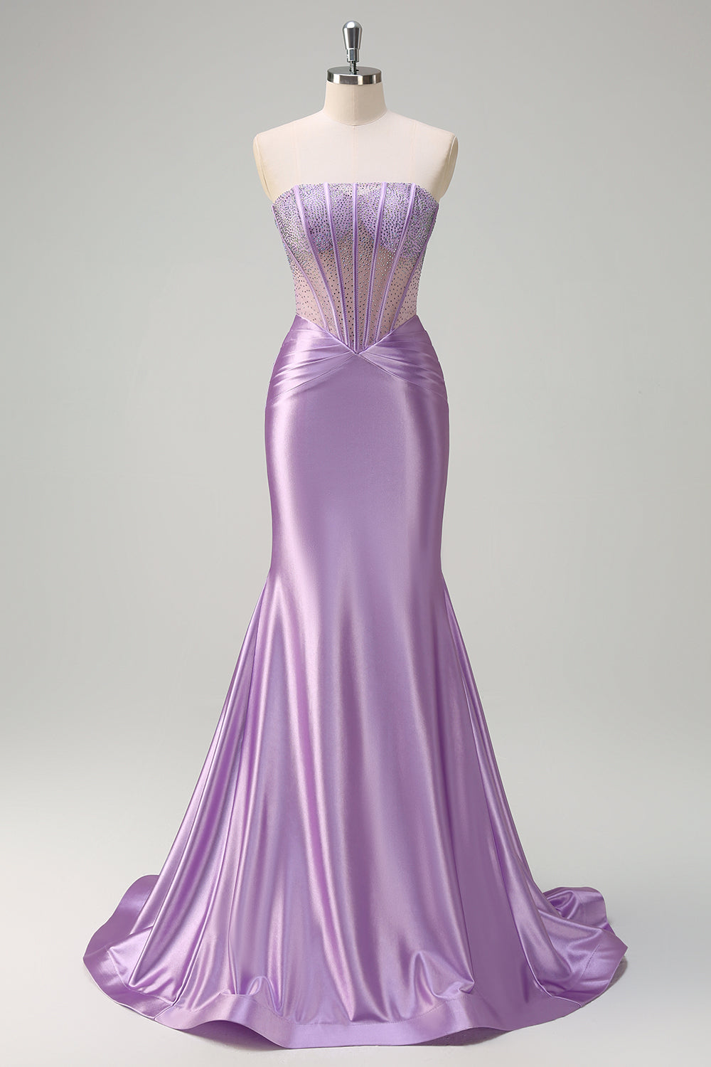 Sparkly Lilac Mermaid Strapless Sheer Corset Long Formal Dress with Beading