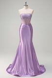 Sparkly Lilac Mermaid Strapless Sheer Corset Long Formal Dress with Beading