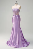 Sparkly Lilac Mermaid Strapless Sheer Corset Long Formal Dress with Beading