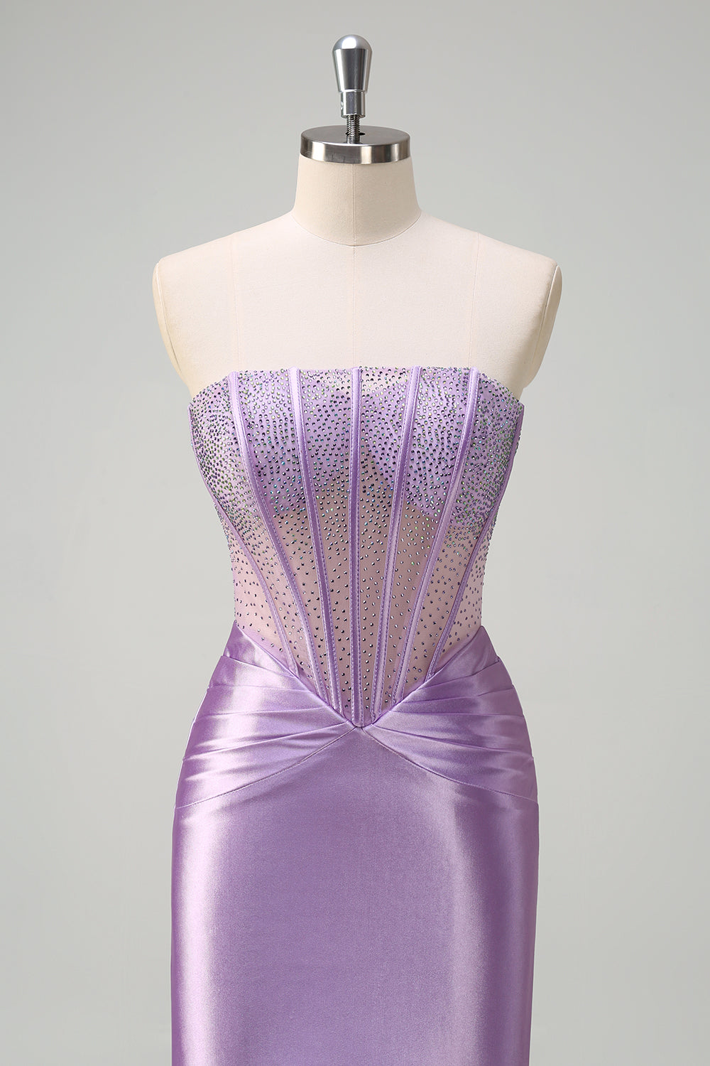 Sparkly Lilac Mermaid Strapless Sheer Corset Long Formal Dress with Beading