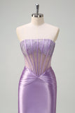 Sparkly Lilac Mermaid Strapless Sheer Corset Long Formal Dress with Beading