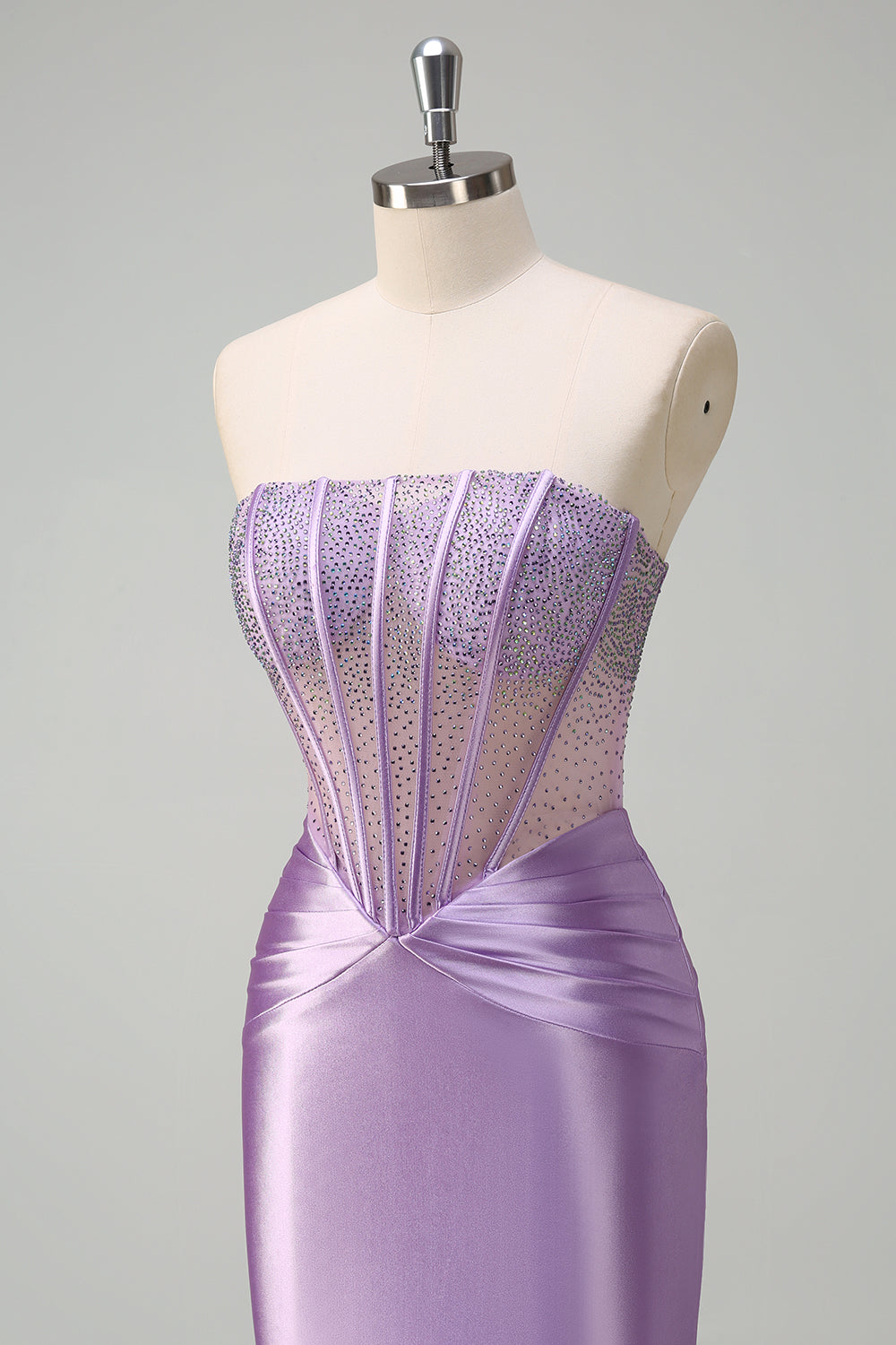 Sparkly Lilac Mermaid Strapless Sheer Corset Long Formal Dress with Beading