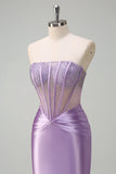 Sparkly Lilac Mermaid Strapless Sheer Corset Long Formal Dress with Beading