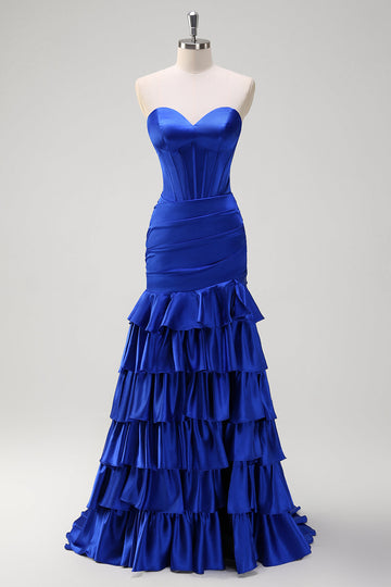 Royal Blue Mermaid Strapless Corset Tiered Formal Dress