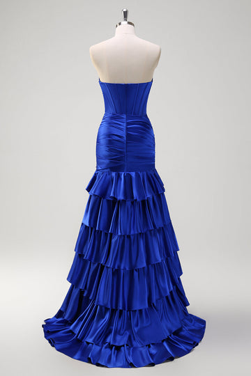 Royal Blue Mermaid Strapless Corset Tiered Formal Dress