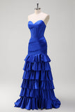 Royal Blue Mermaid Strapless Corset Tiered Formal Dress