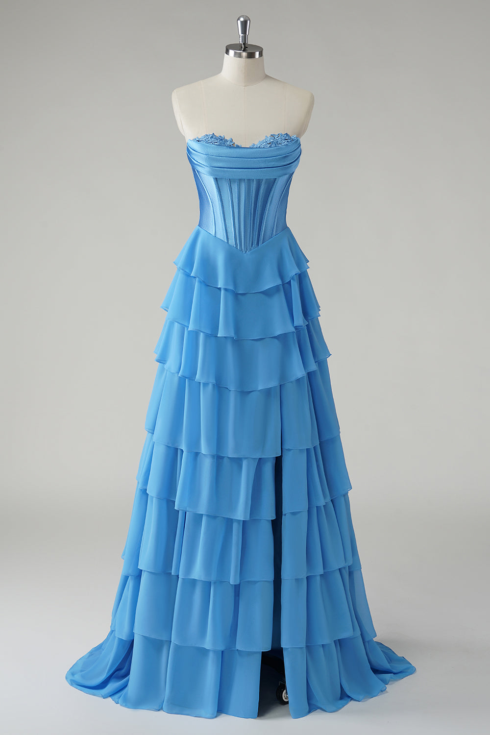 ZAPAKA Women Blue Long Prom Dress with Slit Sweetheart Ruffled A Line Sweetheart Corset Ball Gown Wedding Guest Dress
