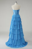 Blue Sweetheart Ruffled A Line Long Formal Dress