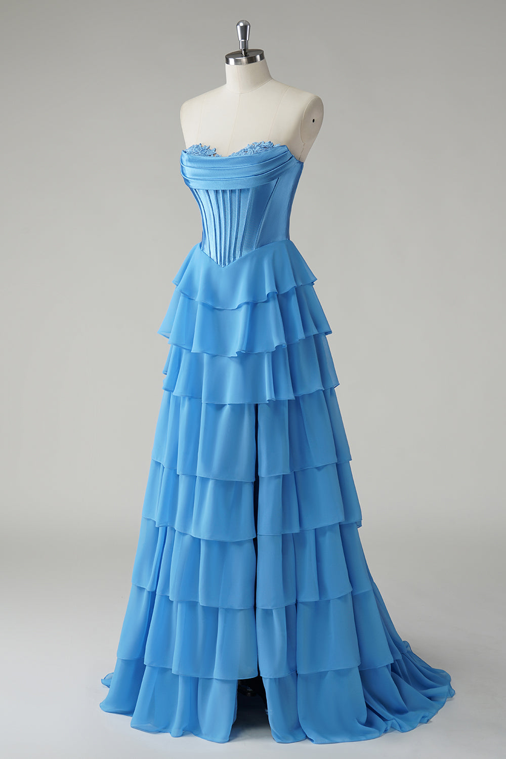 Blue Sweetheart Ruffled A Line Long Formal Dress