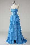 Blue Sweetheart Ruffled A Line Long Formal Dress