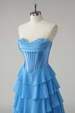 Blue Sweetheart Ruffled A Line Long Formal Dress