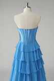 Blue Sweetheart Ruffled A Line Long Formal Dress