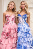 Blush Floral A Line Strapless Corset Tiered Formal Dress