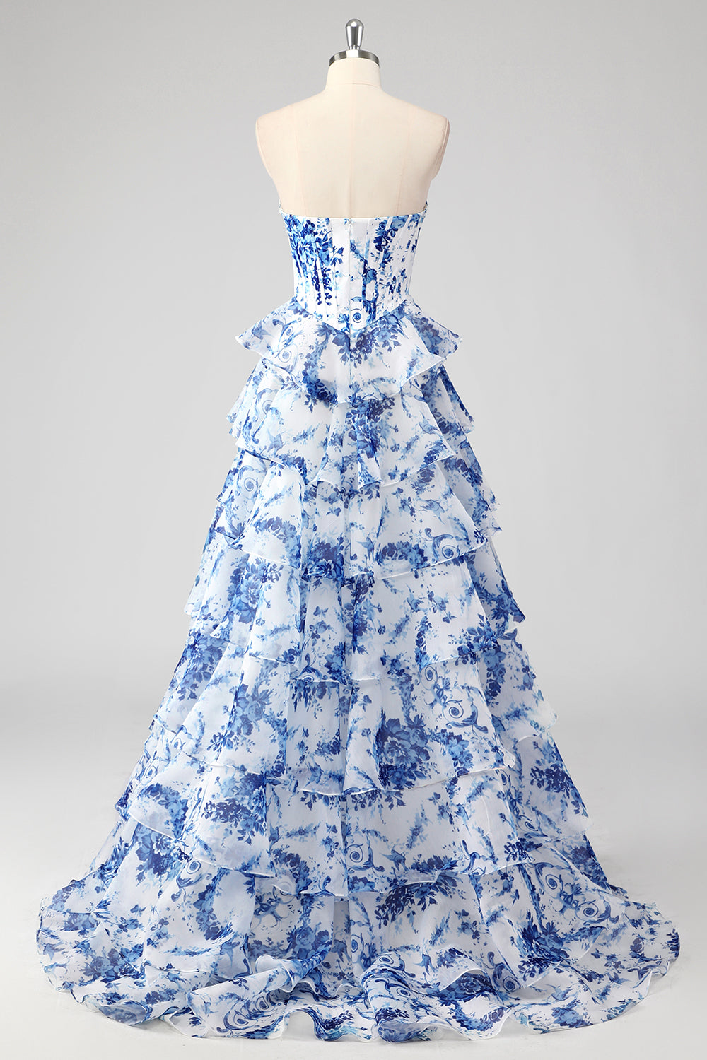 Blue White Flower A-Line Sweetheart Tiered Long Formal Dress with Slit