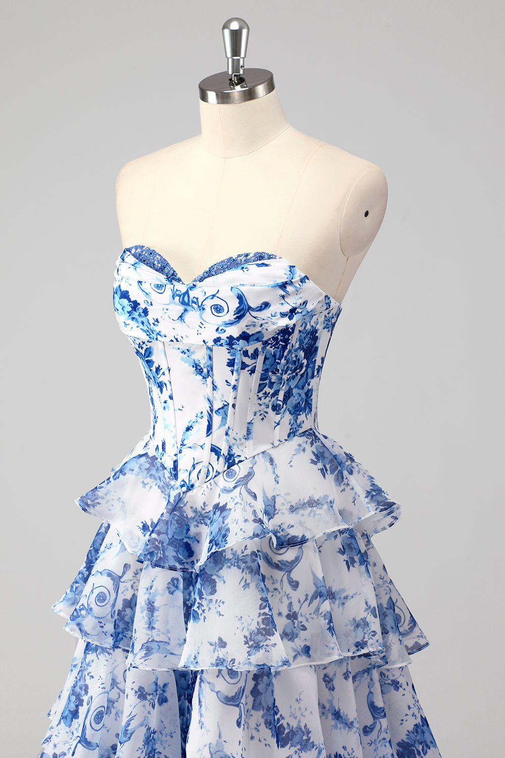 Blue White Flower A-Line Sweetheart Tiered Long Formal Dress with Slit