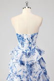 Blue White Flower A-Line Sweetheart Tiered Long Formal Dress with Slit