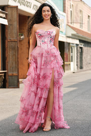 Floral A Line Strapless Corset Tiered Blush Formal Dress with Slit