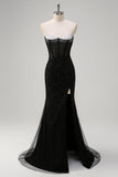 Sparkly Black Mermaid Spaghetti Straps Corset Beaded Long Formal Dress with Slit