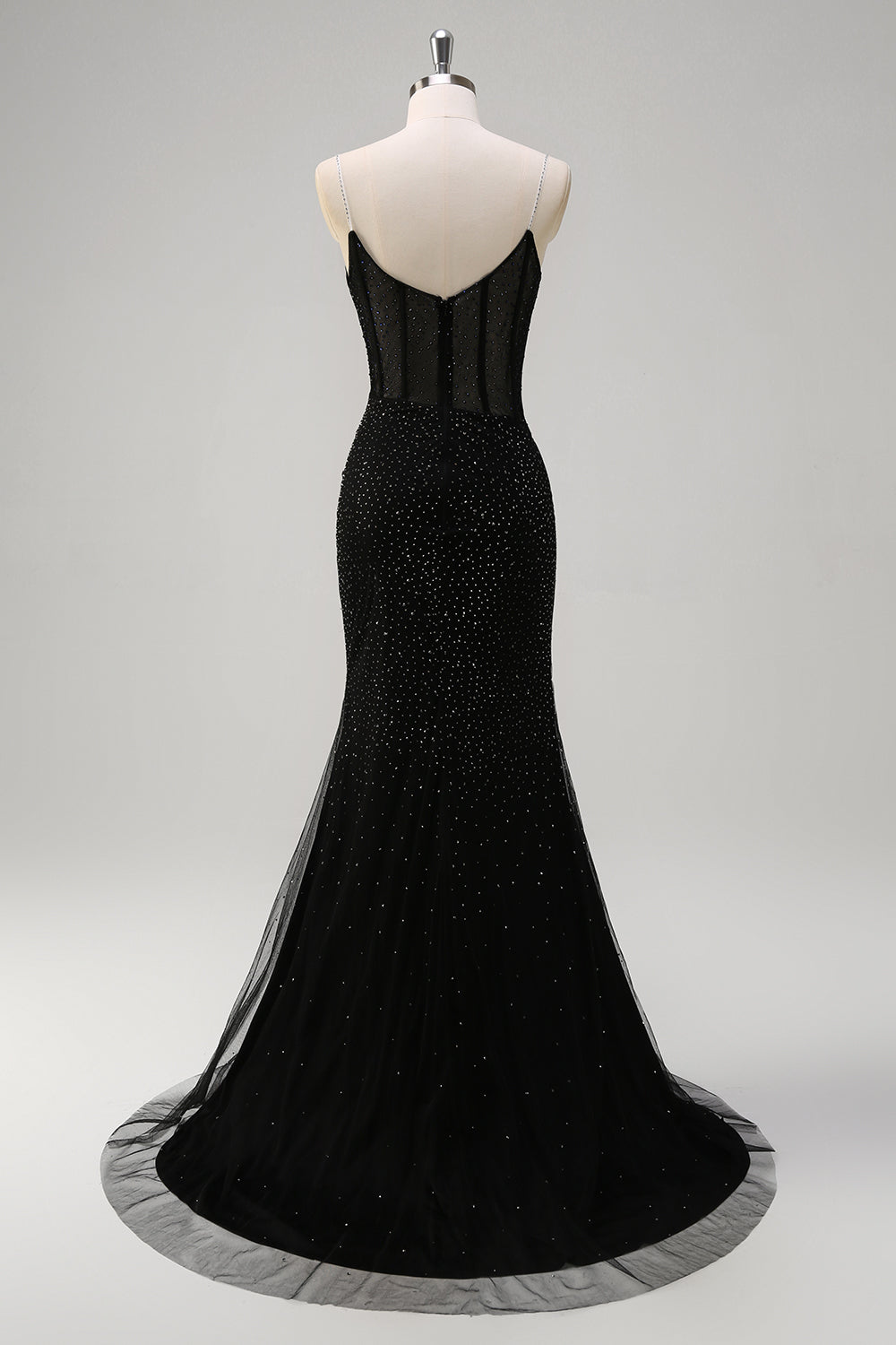 Sparkly Black Mermaid Spaghetti Straps Corset Beaded Long Formal Dress with Slit
