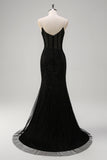 Sparkly Black Mermaid Spaghetti Straps Corset Beaded Long Formal Dress with Slit