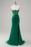 Sparkly Black Mermaid Spaghetti Straps Corset Beaded Long Formal Dress with Slit