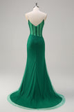 Sparkly Black Mermaid Spaghetti Straps Corset Beaded Long Formal Dress with Slit