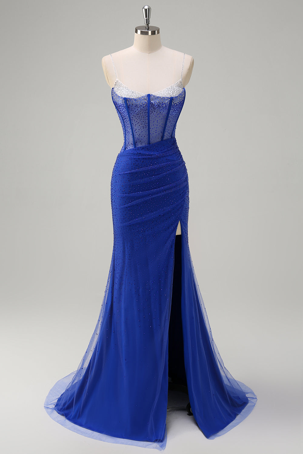 Royal Blue Corset Mermaid Slit Long Formal Dress with Beading