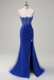Sparkly Black Mermaid Spaghetti Straps Corset Beaded Long Formal Dress with Slit