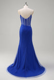 Sparkly Black Mermaid Spaghetti Straps Corset Beaded Long Formal Dress with Slit
