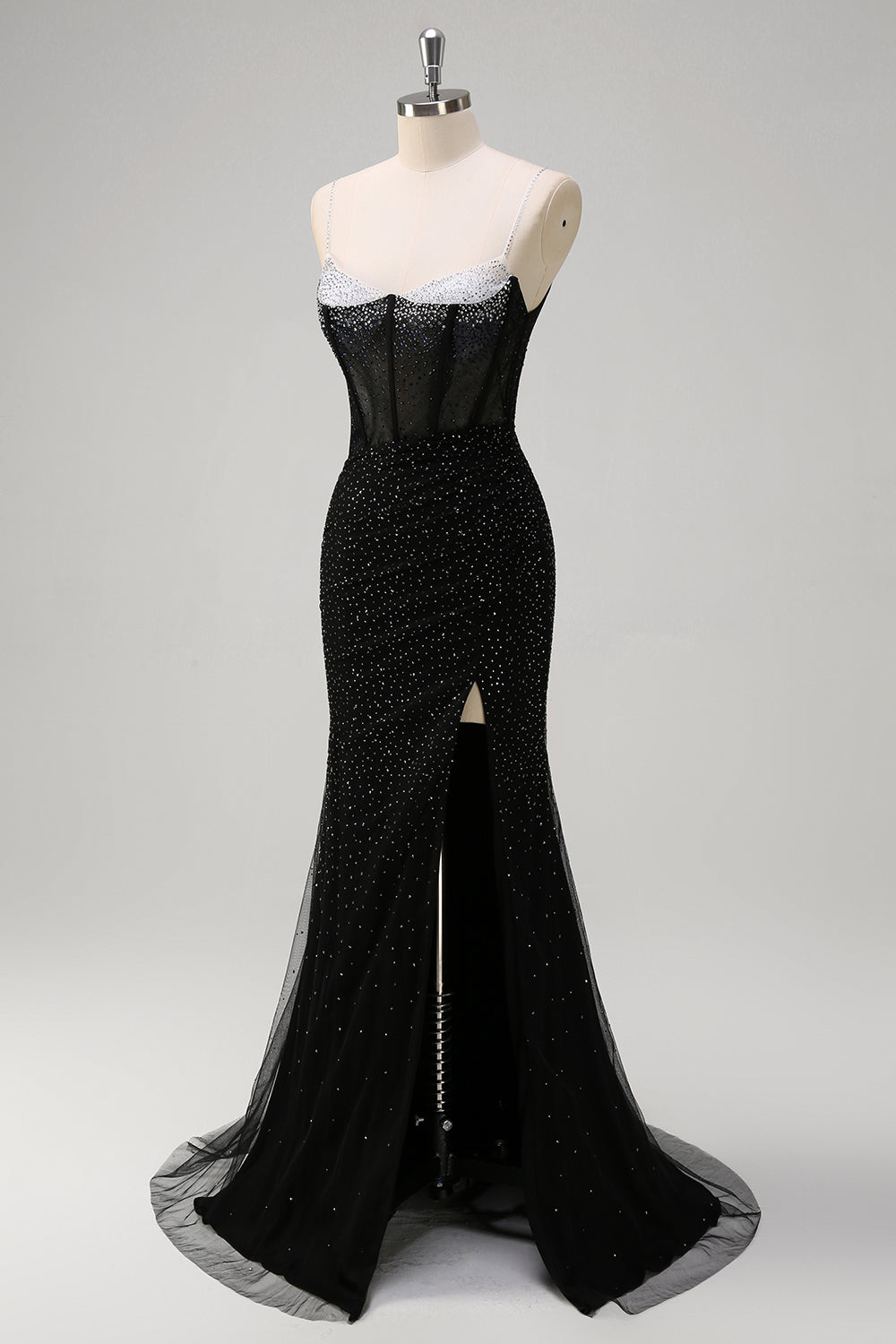 Sparkly Black Mermaid Spaghetti Straps Corset Beaded Long Formal Dress with Slit