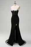 Sparkly Black Mermaid Spaghetti Straps Corset Beaded Long Formal Dress with Slit