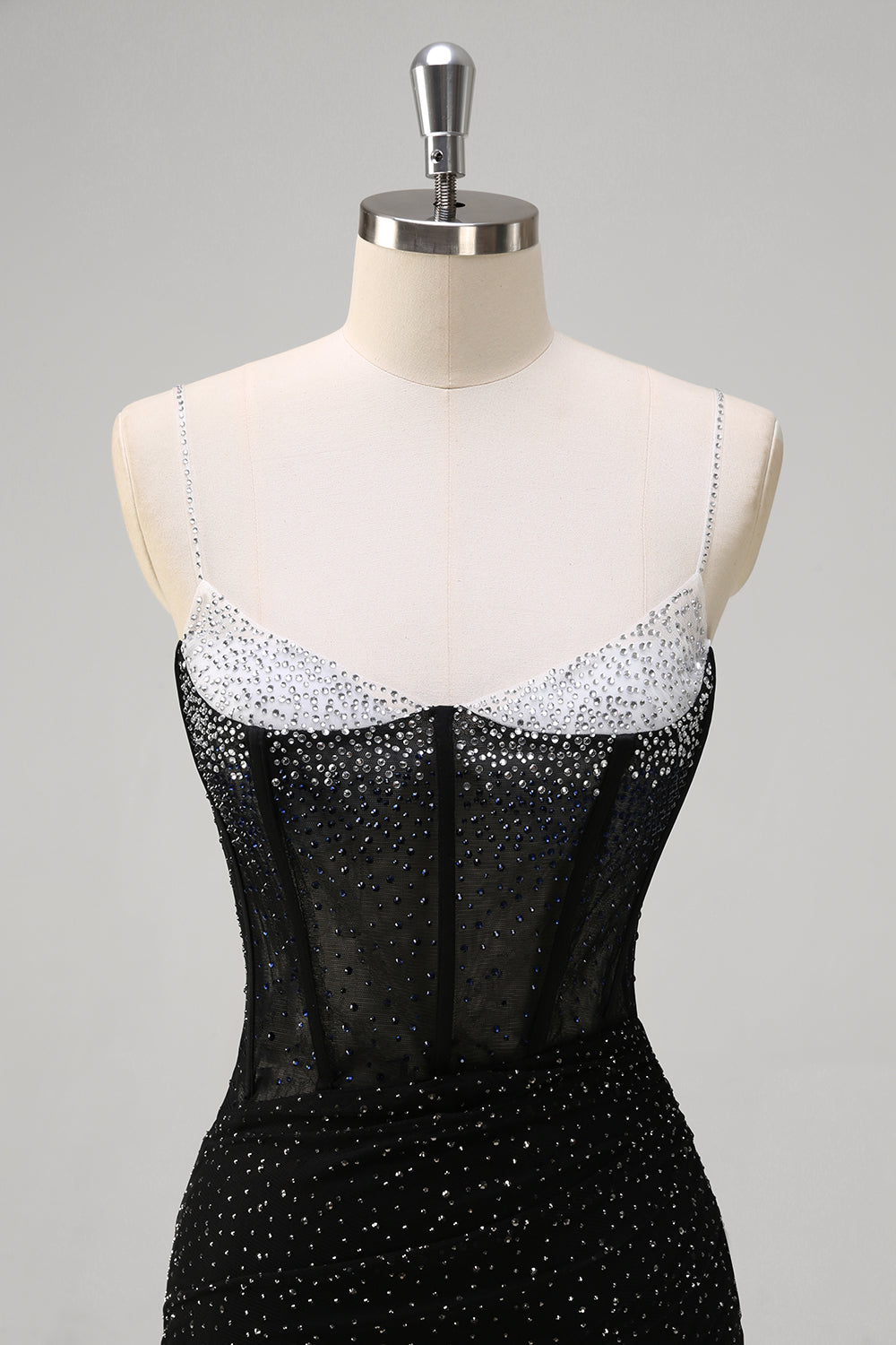 Sparkly Black Mermaid Spaghetti Straps Corset Beaded Long Formal Dress with Slit
