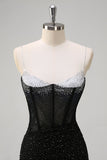 Sparkly Black Mermaid Spaghetti Straps Corset Beaded Long Formal Dress with Slit