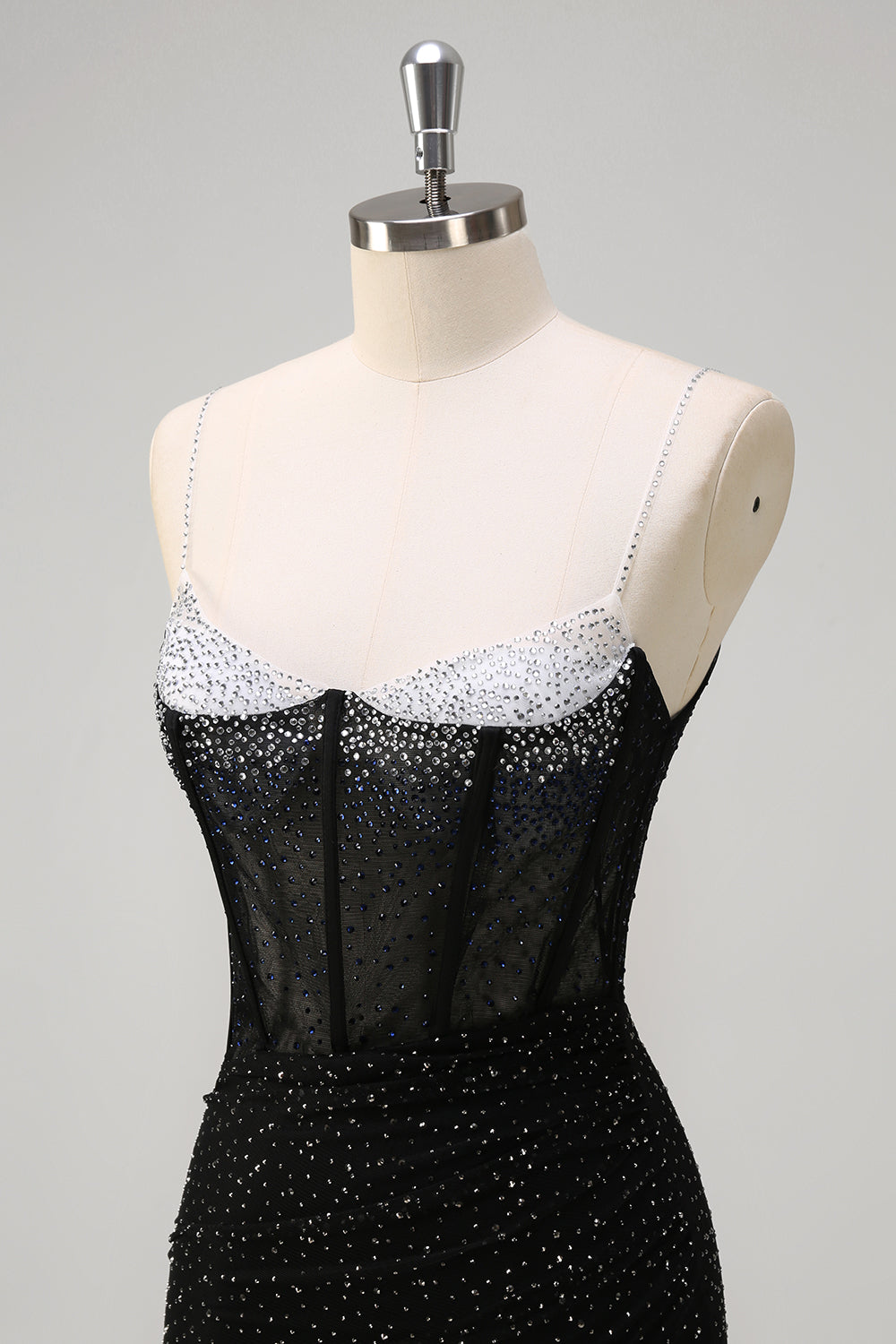 Sparkly Black Mermaid Spaghetti Straps Corset Beaded Long Formal Dress with Slit