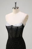 Sparkly Black Mermaid Spaghetti Straps Corset Beaded Long Formal Dress with Slit