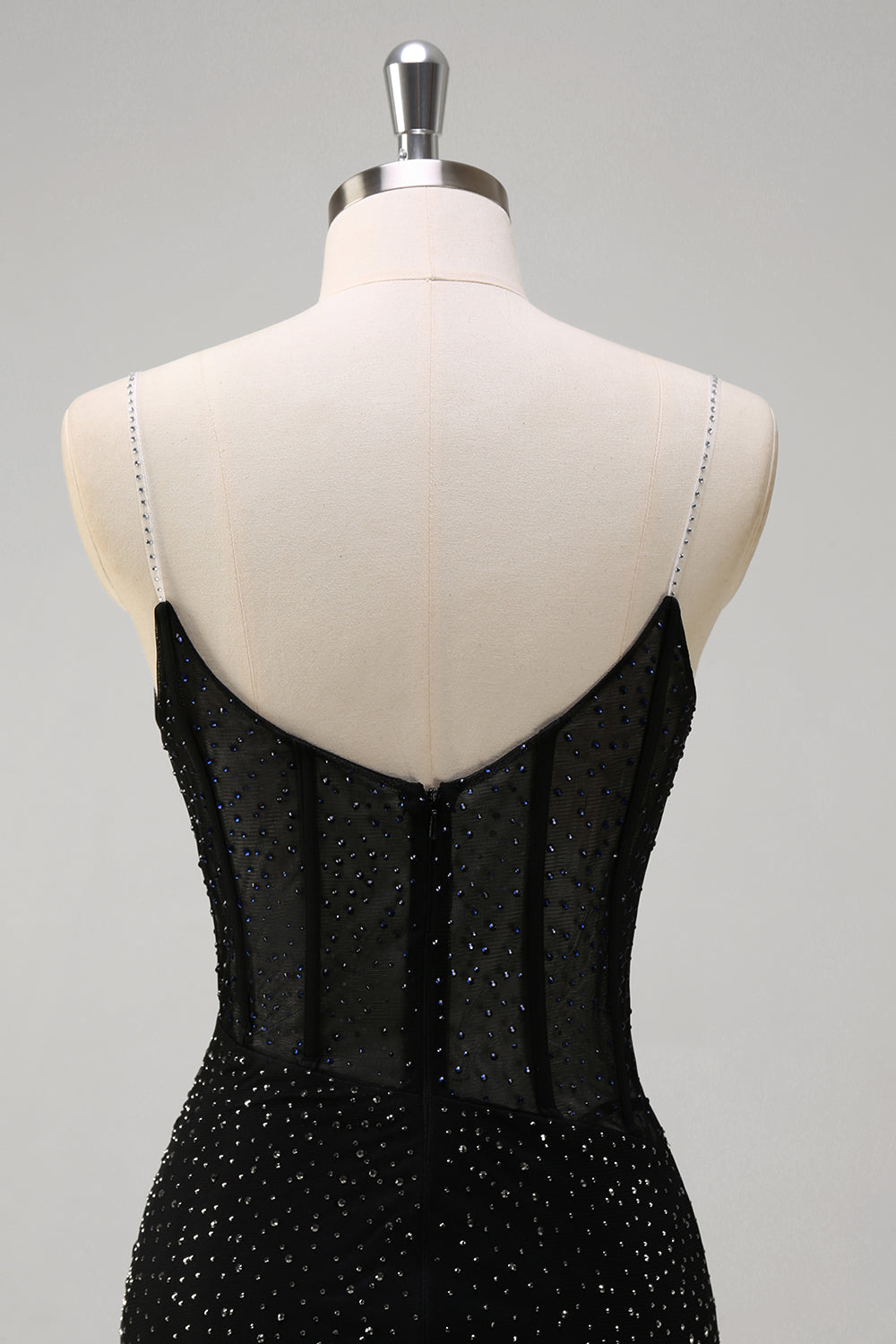 Sparkly Black Mermaid Spaghetti Straps Corset Beaded Long Formal Dress with Slit