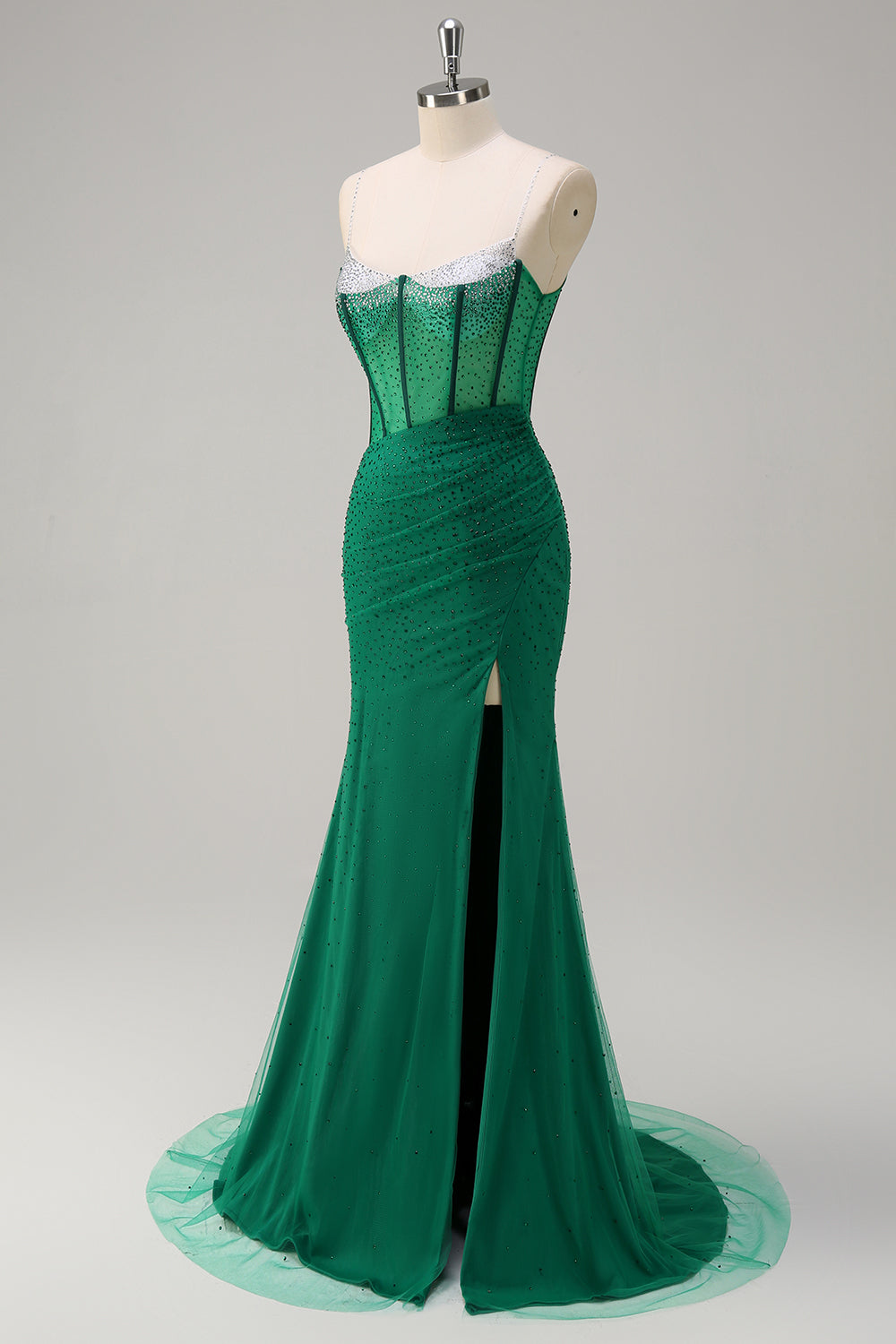 Sparkly Black Mermaid Spaghetti Straps Corset Beaded Long Formal Dress with Slit