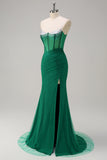 Sparkly Black Mermaid Spaghetti Straps Corset Beaded Long Formal Dress with Slit