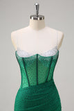 Sparkly Black Mermaid Spaghetti Straps Corset Beaded Long Formal Dress with Slit