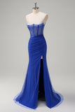 Sparkly Black Mermaid Spaghetti Straps Corset Beaded Long Formal Dress with Slit