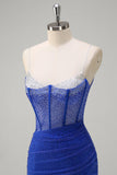 Sparkly Black Mermaid Spaghetti Straps Corset Beaded Long Formal Dress with Slit