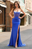 Royal Blue Corset Mermaid Slit Long Formal Dress with Beading