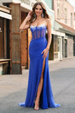Royal Blue Corset Mermaid Slit Long Formal Dress with Beading
