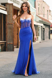 Royal Blue Corset Mermaid Slit Long Formal Dress with Beading